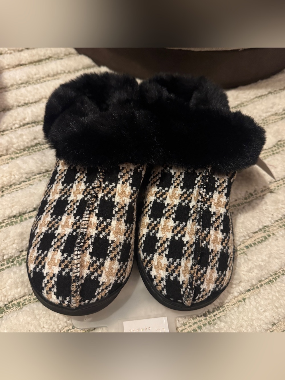 LC Lauren Conrad Allis Faux Fur Cuff Clog Slippers - Black Houndstooth Xl 9-10
